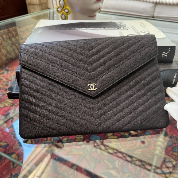 Chanel Chevron Caviar Calfskin Clutch Envelope Bag Pouch - Picture 1 of 13